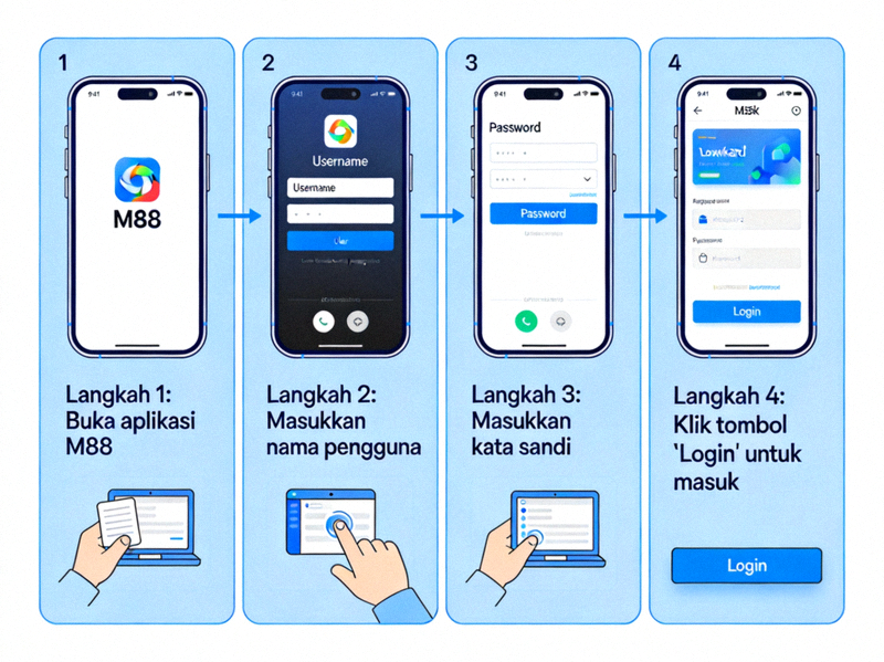 Ilustrasi langkah-langkah login ke akun M88